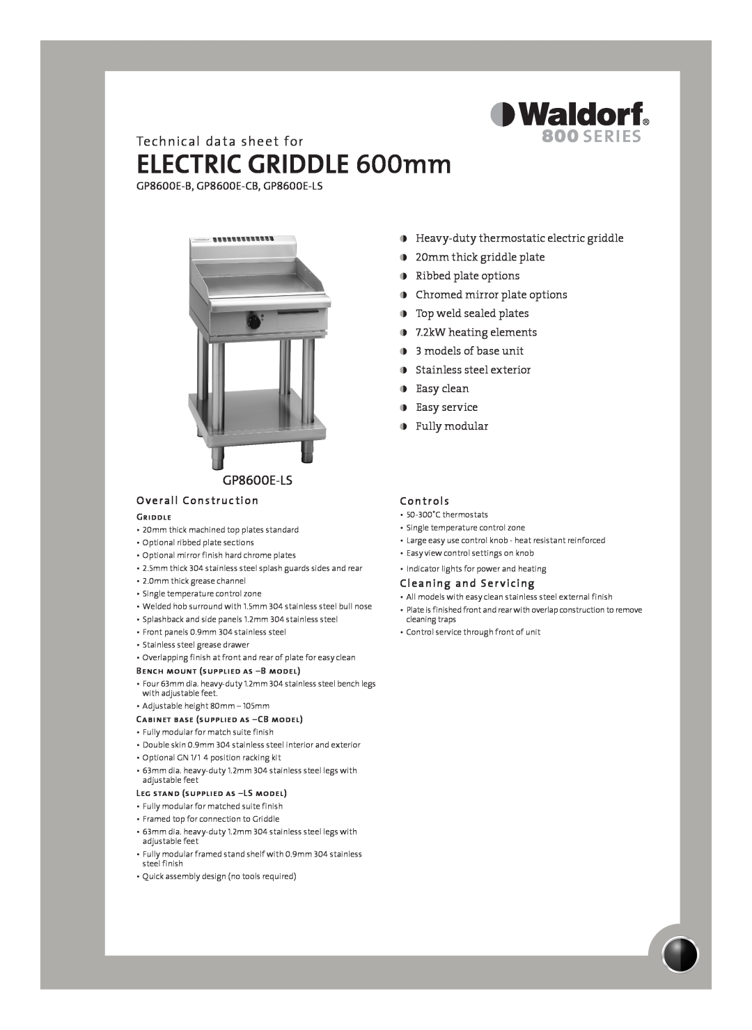 Moffat GP8600E-B manual Technical data sheet for, GP8600E-LS, Overall Construction, Controls, Cleaning and Ser vicing 