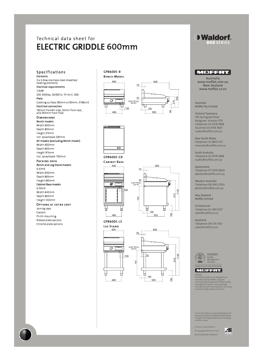 Moffat GP8600E-LS Sp e cif ications, ELECTRIC GRIDDLE 600mm, Technical data sheet for, Dimensions, Packing data, Elements 
