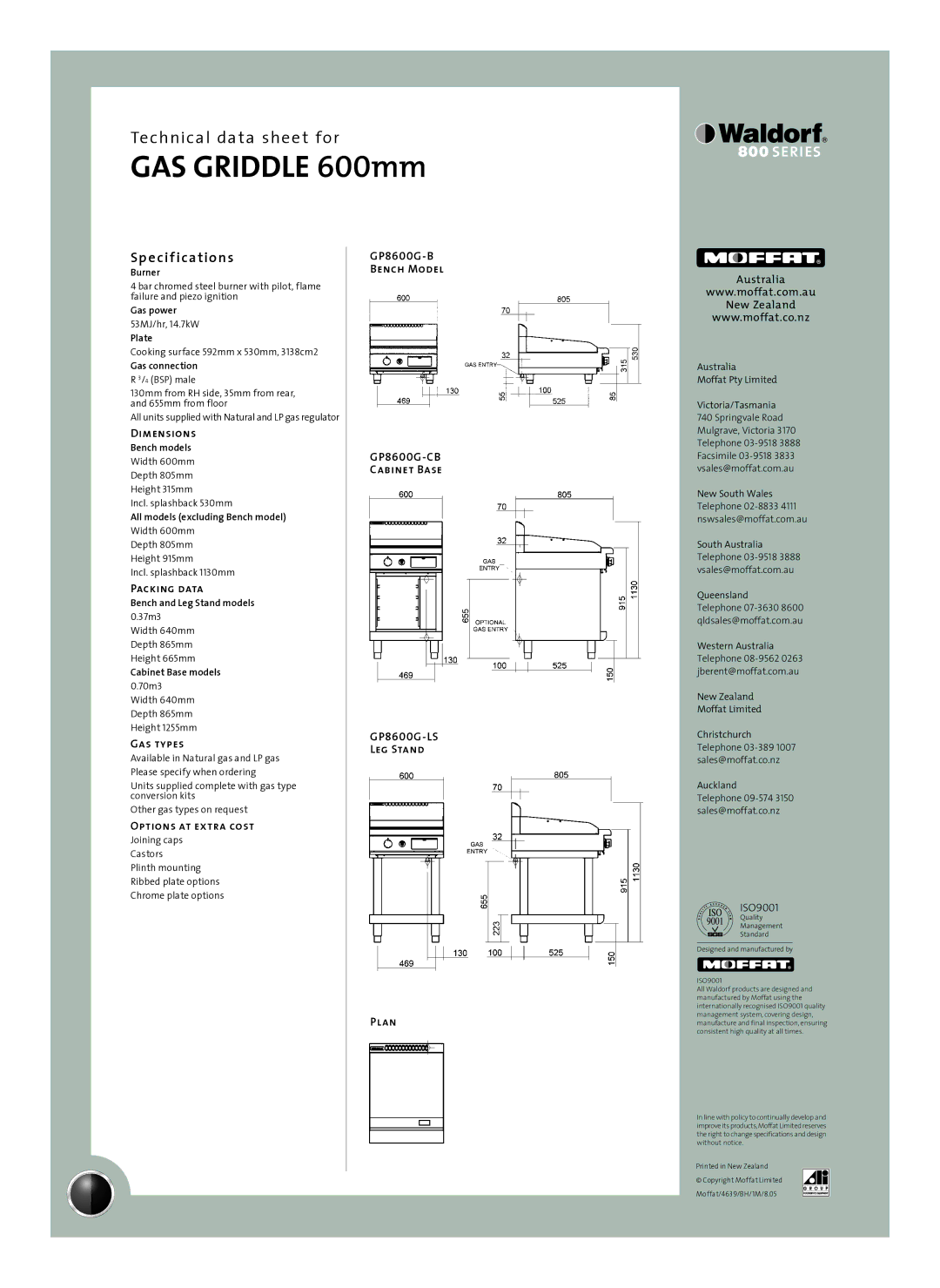 Moffat GP8600G-LS manual Sp e cif ications 