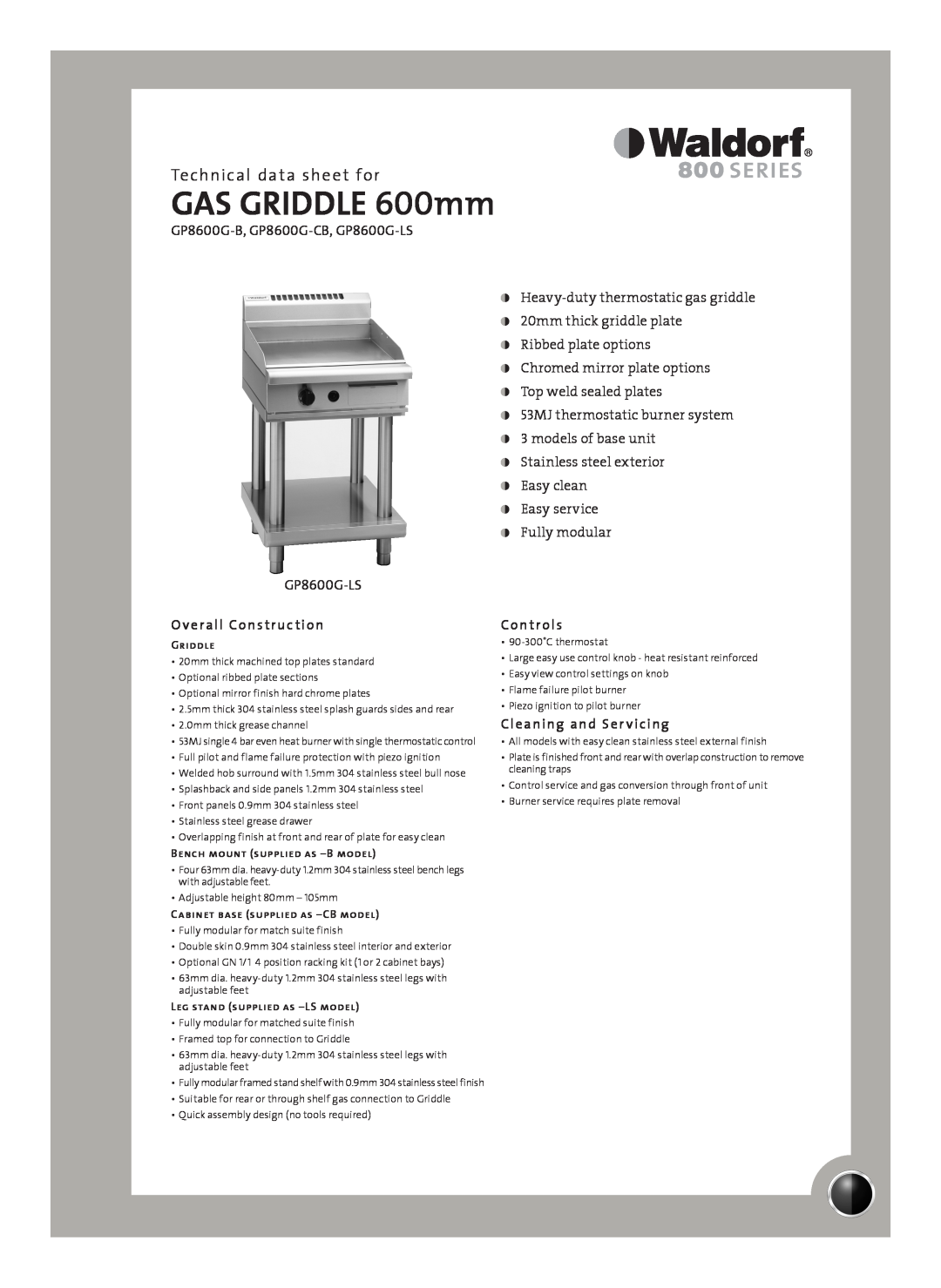 Moffat GP8600G-LS manual Technical data sheet for, Overall Construction, Controls, Cleaning and Ser vicing 