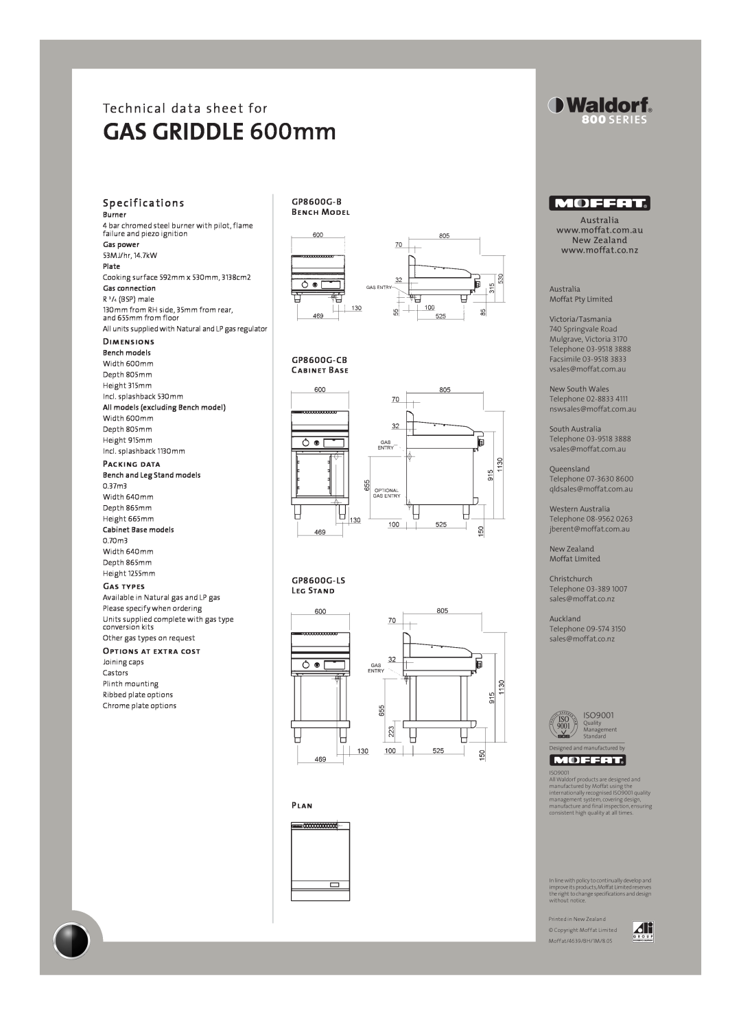 Moffat GP8600G-LS Sp e cif ications, GAS GRIDDLE 600mm, Technical data sheet for, Dimensions, Packing data, Gas types 