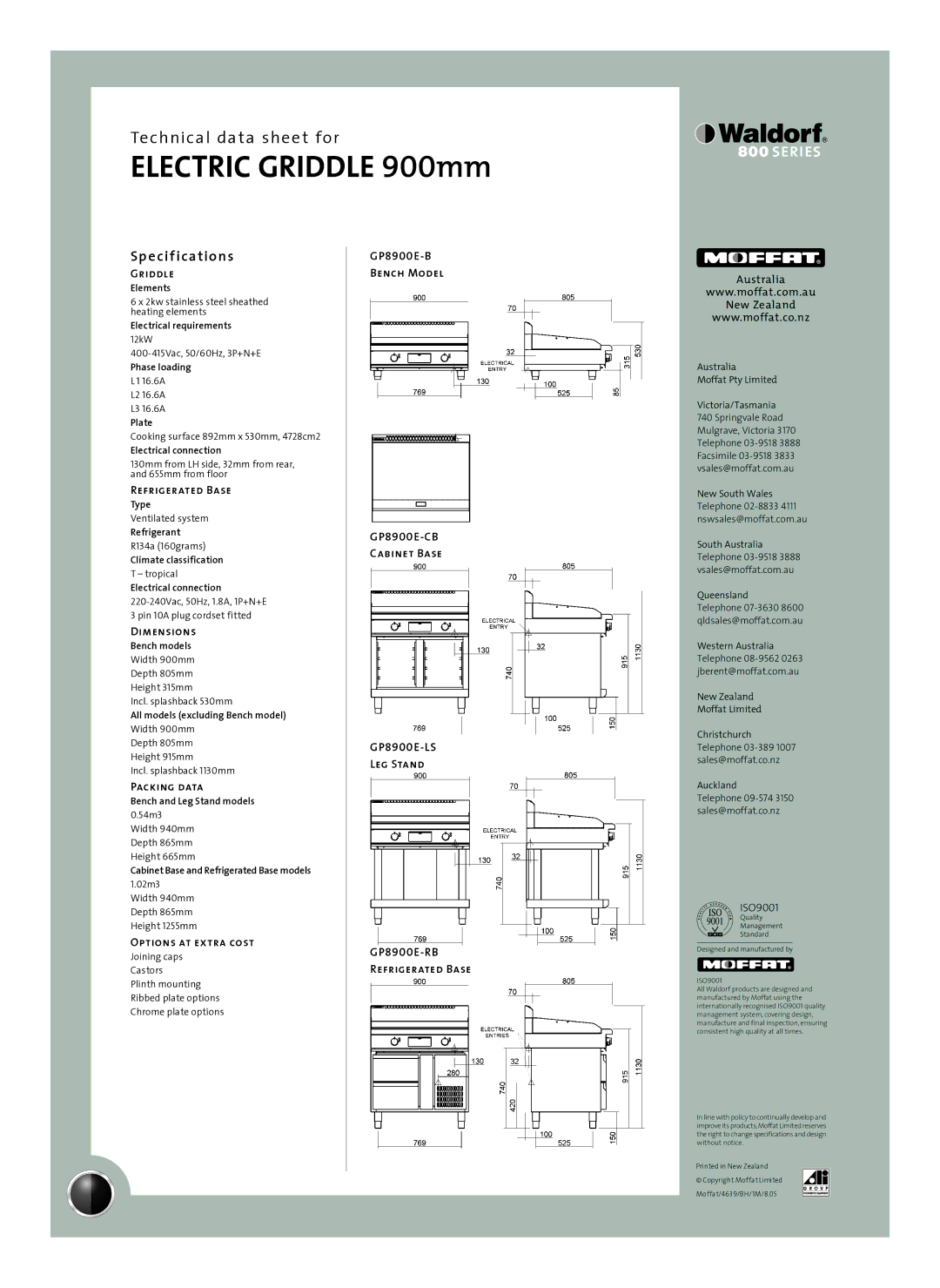 Moffat GP8900E-B, GP8900E-RB, GP8900E-LS, GP8900E-CB manual Sp e cif ications, Dimensions, Packing data, Options at extra cost 