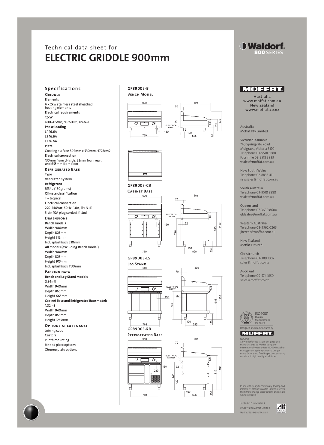Moffat GP8900E-B manual Sp e cif ications, ELECTRIC GRIDDLE 900mm, Technical data sheet for, Griddle, Refrigerated Base 