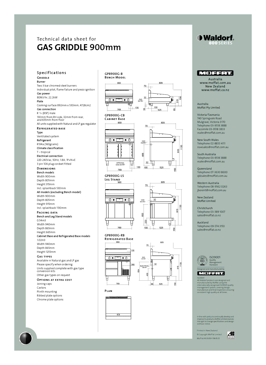 Moffat GP8900G-B, GP8900G-LS, GP8900G-RB manual Sp e cif ications, Dimensions, Packing data, Gas types, Options at extra cost 