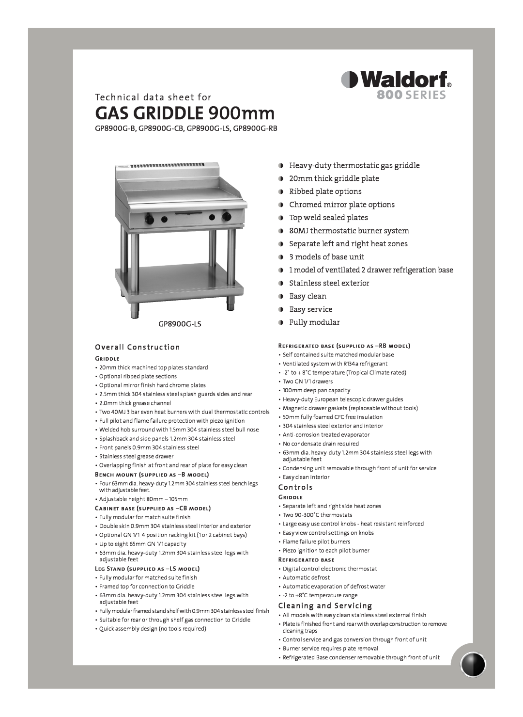 Moffat GP8900G-RB, GP8900G-LS manual Technical data sheet for, Overall Construction, Controls, Cleaning and Ser vicing 