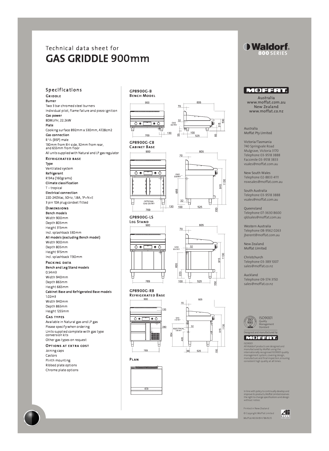 Moffat GP8900G-B Sp e cif ications, GAS GRIDDLE 900mm, Technical data sheet for, Griddle, Refrigerated base, Dimensions 