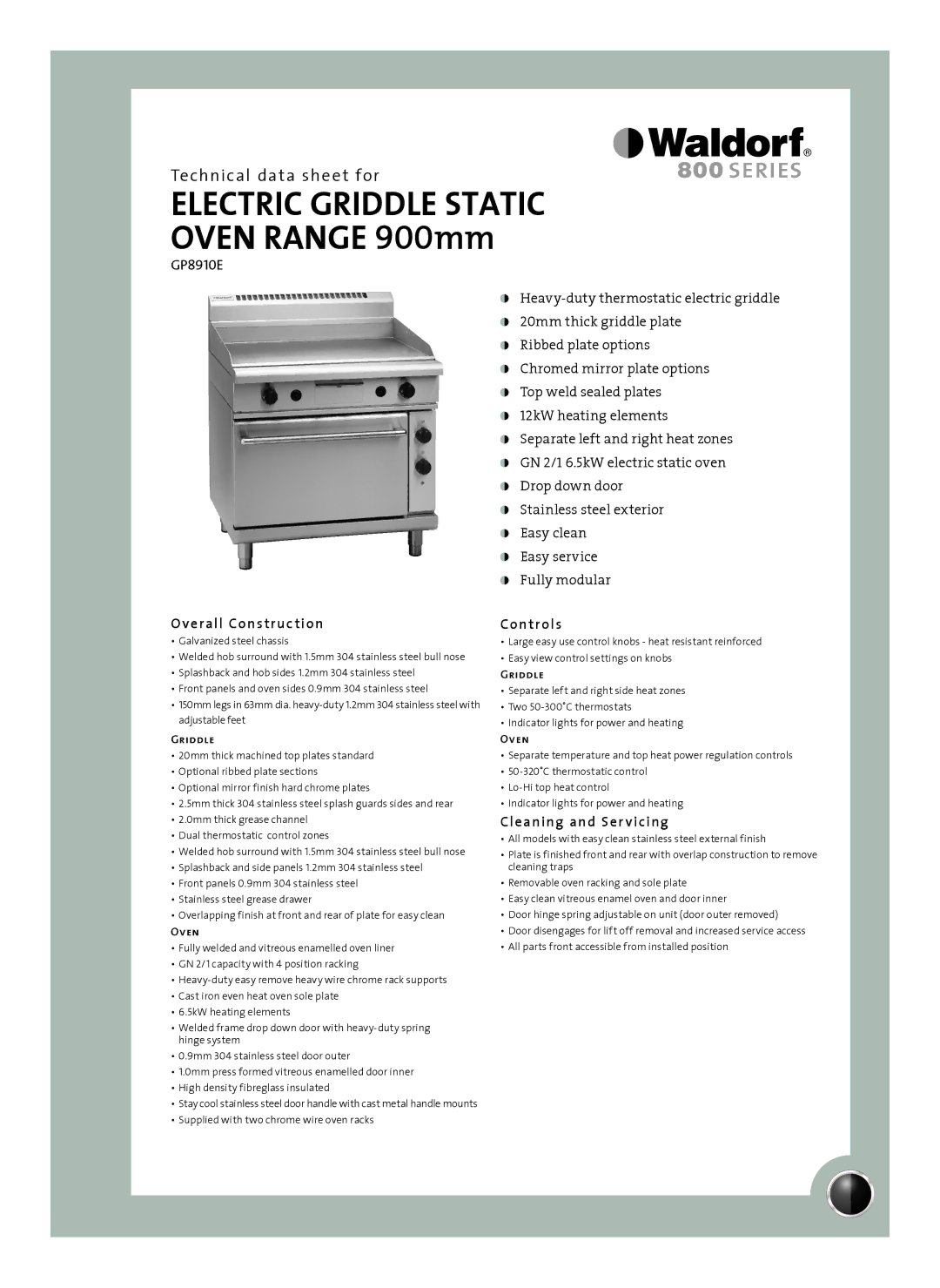 Moffat GP8910E manual Overall Construction, Controls, Cleaning and Ser vicing, Griddle, Oven 