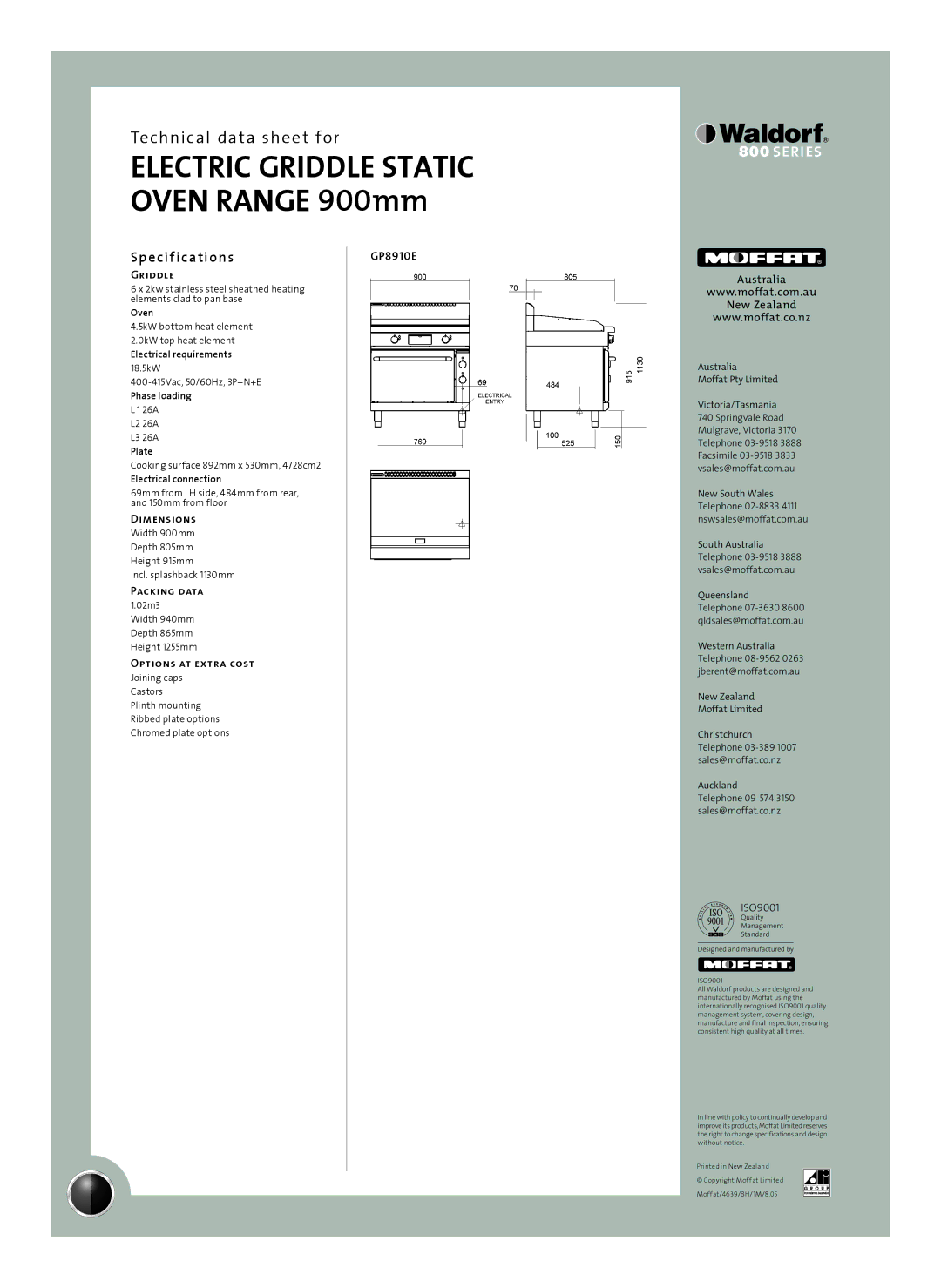 Moffat GP8910E manual Sp e cif ications, Dimensions, Packing data, Options at extra cost 