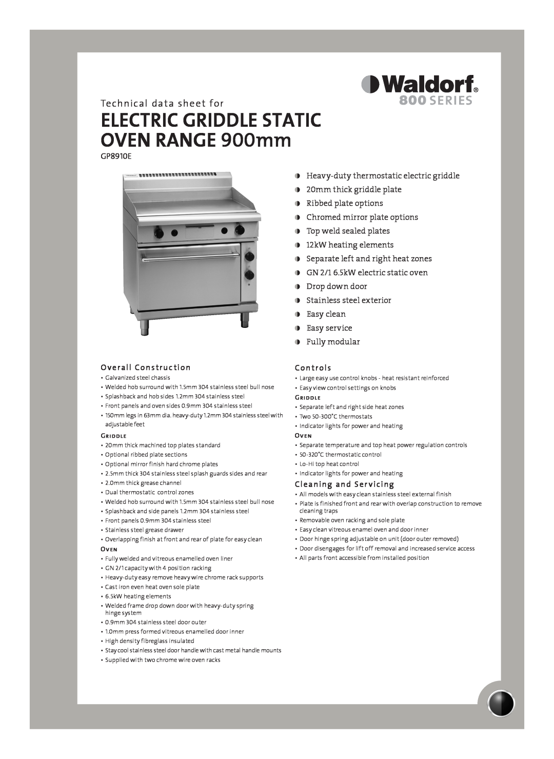 Moffat GP8910E manual Technical data sheet for, Overall Construction, Controls, Cleaning and Ser vicing, Griddle, Oven 