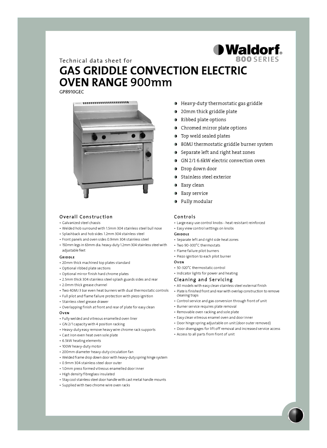 Moffat GP8910GEC manual Overall Construction, Controls, Cleaning and Ser vicing, Griddle, Oven 