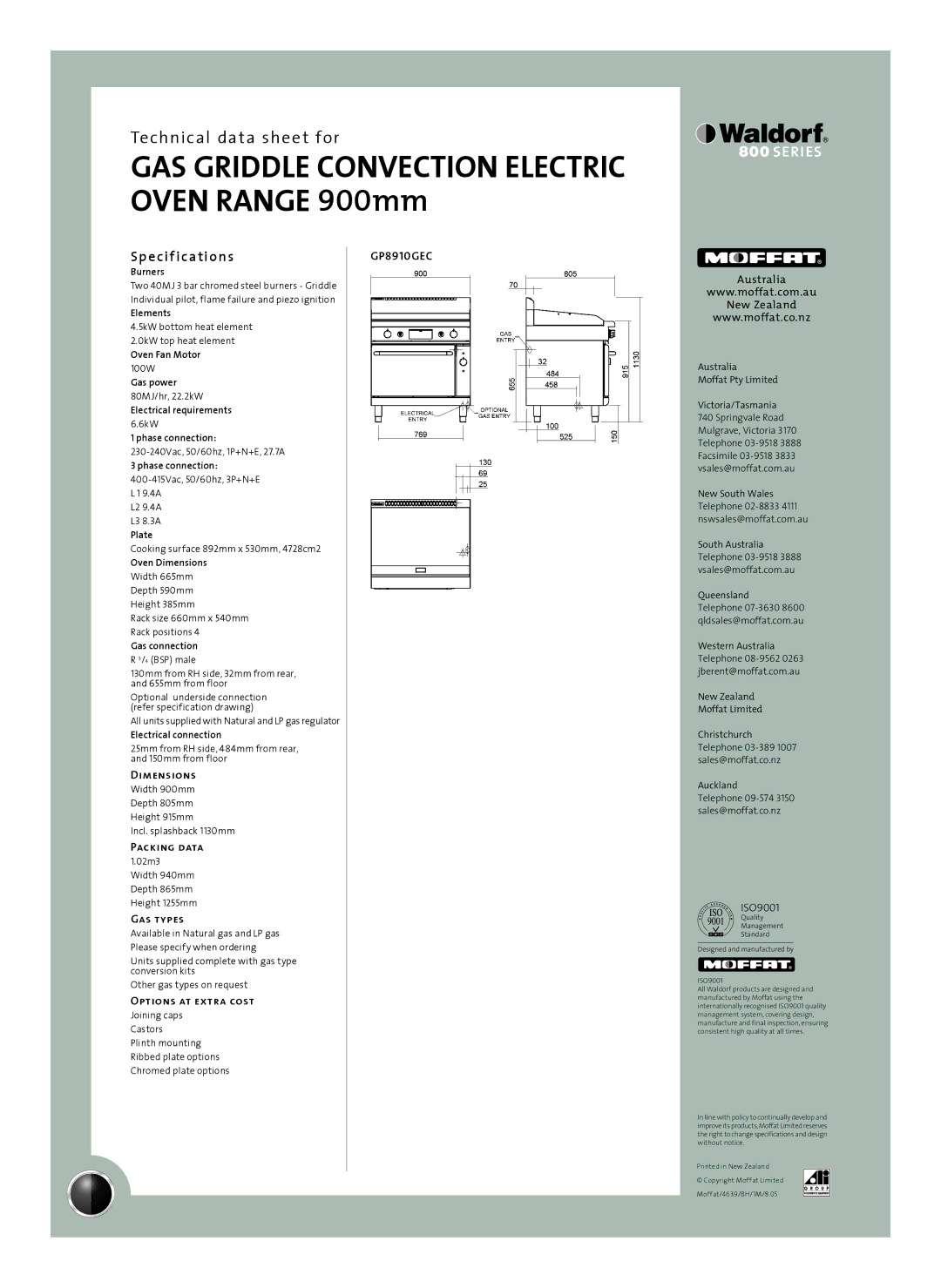 Moffat GP8910GEC manual Sp e cif ications, Dimensions, Packing data, Gas types, Options at extra cost 