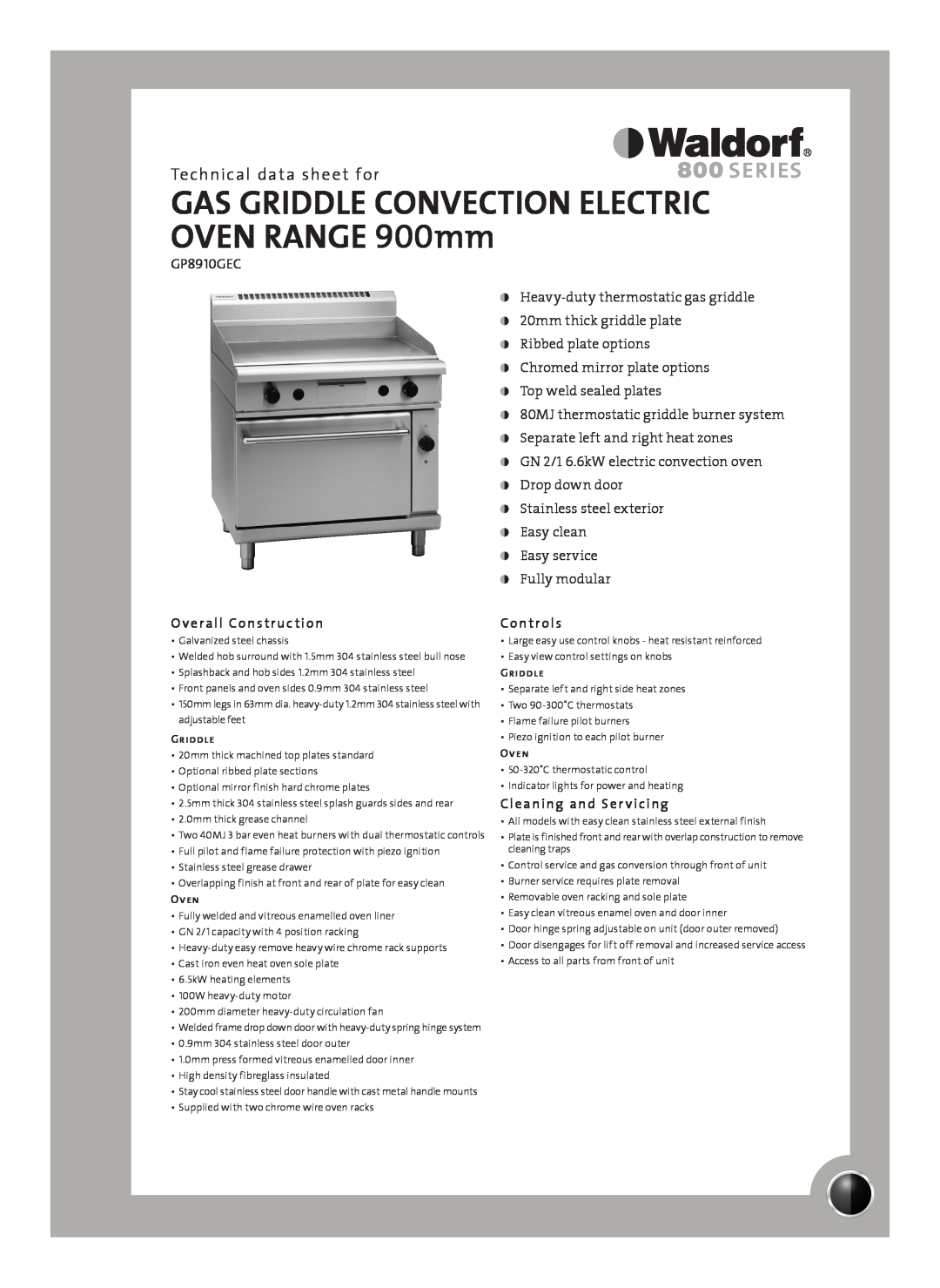 Moffat GP8910GEC manual Technical data sheet for, Overall Construction, Controls, Cleaning and Ser vicing 