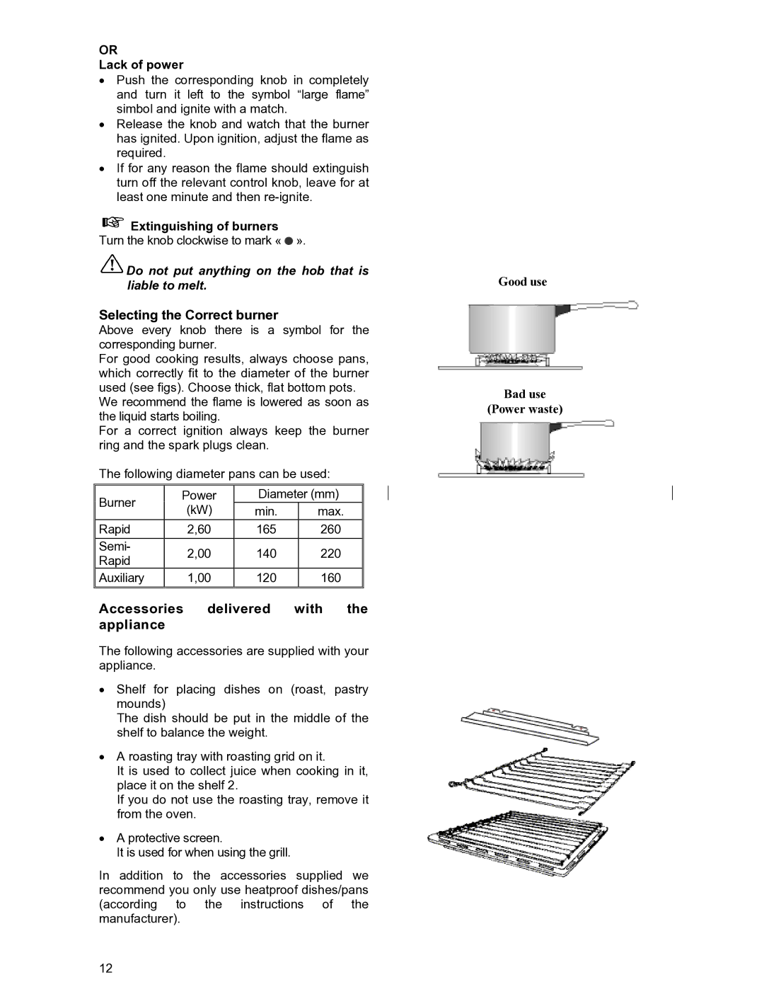 Moffat GSC 5061 manual Selecting the Correct burner, Accessories delivered with the appliance, Extinguishing of burners 