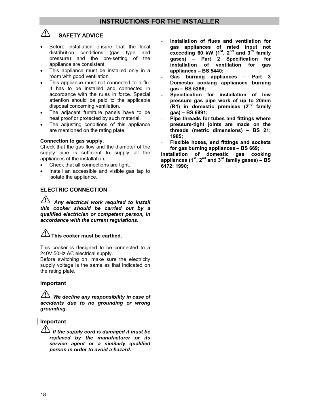 Moffat GSC 5061 manual Instructions for the Installer, Connection to gas supply, This cooker must be earthed 