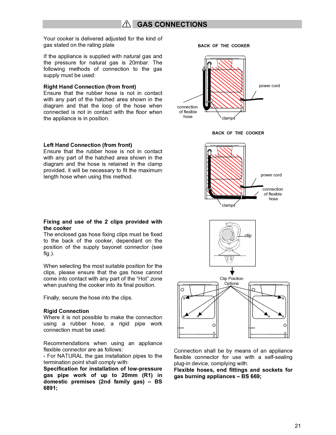 Moffat GSC 5061 manual GAS Connections, Right Hand Connection from front, Left Hand Connection from front, Rigid Connection 