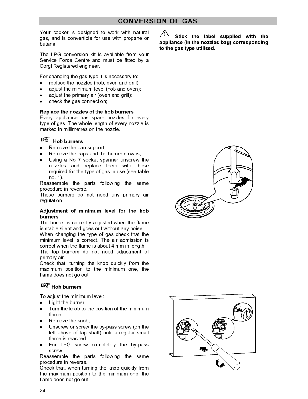 Moffat GSC 5061 manual Conversion of GAS, Adjustment of minimum level for the hob burners 