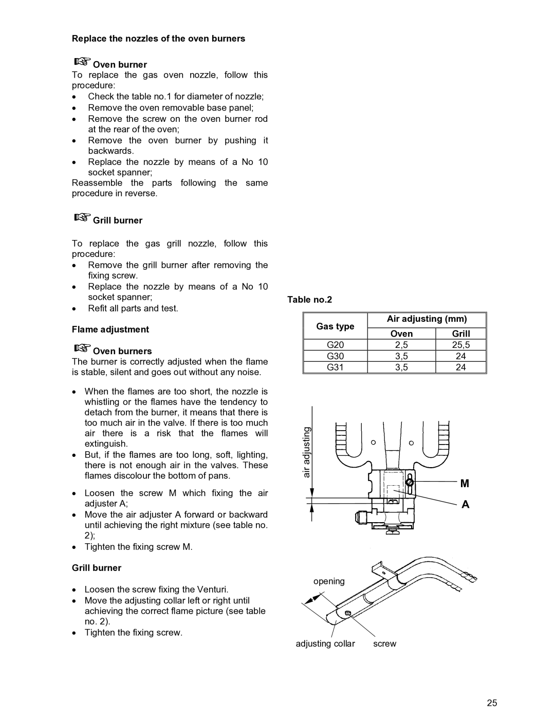 Moffat GSC 5061 manual Replace the nozzles of the oven burners Oven burner, Grill burner, Flame adjustment Oven burners 