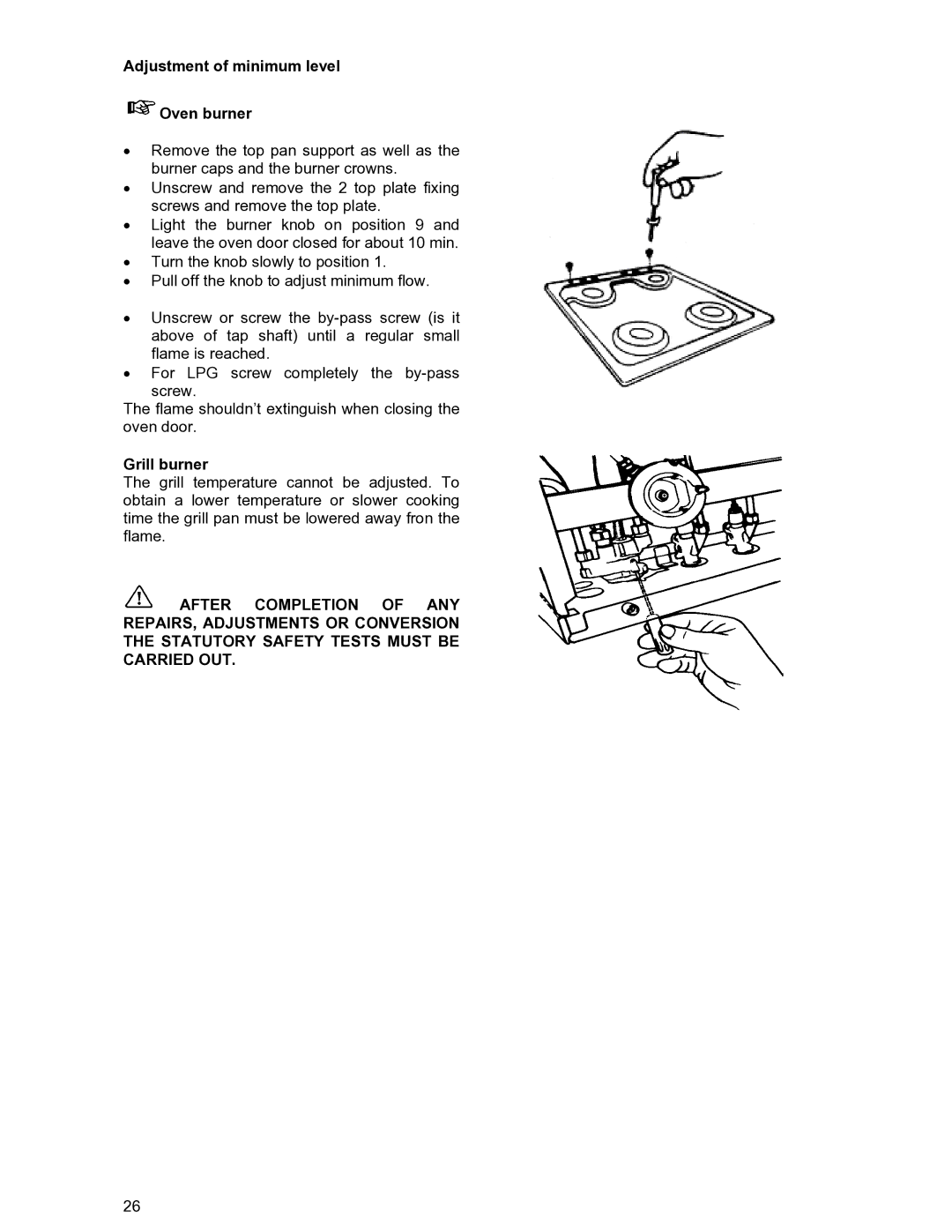 Moffat GSC 5061 manual Adjustment of minimum level Oven burner 