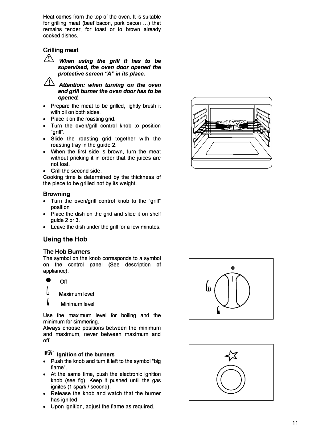 Moffat GSC 5061 manual Using the Hob, Grilling meat, Browning, The Hob Burners 