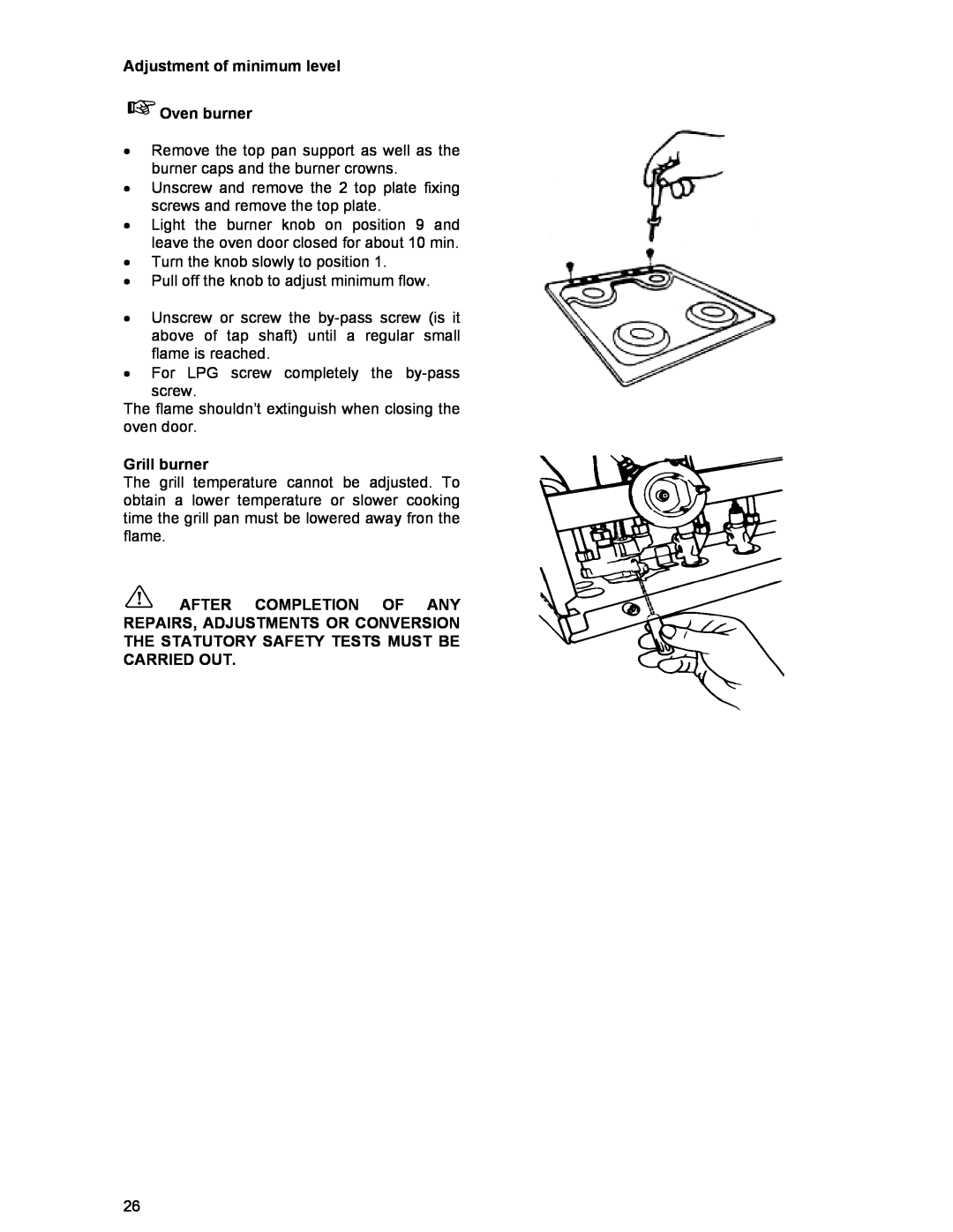 Moffat GSC 5061 manual Adjustment of minimum level Oven burner, Grill burner 