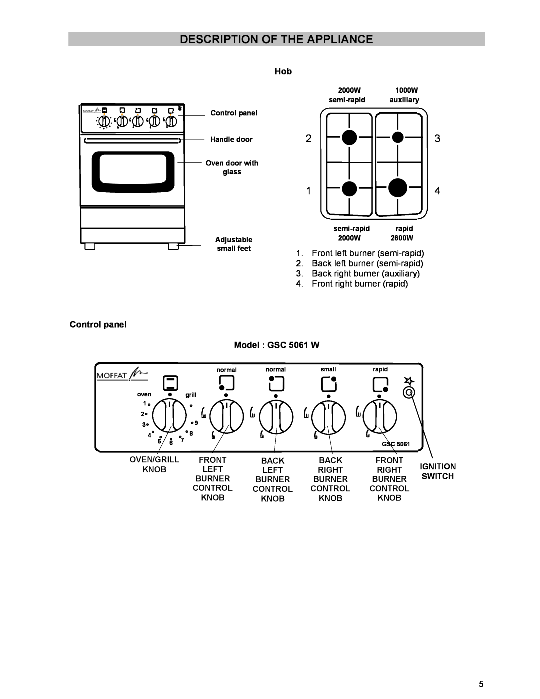 Moffat manual Description Of The Appliance, Control panel, Model GSC 5061 W 