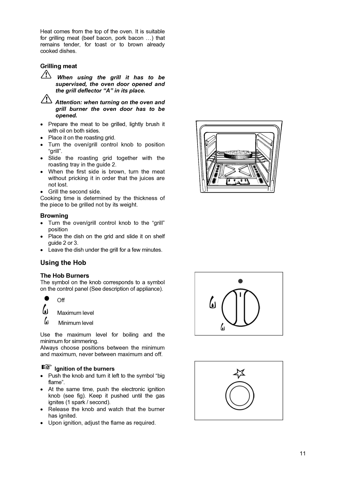 Moffat GSC 5062 manual Grilling meat, Browning, Hob Burners, Ignition of the burners 