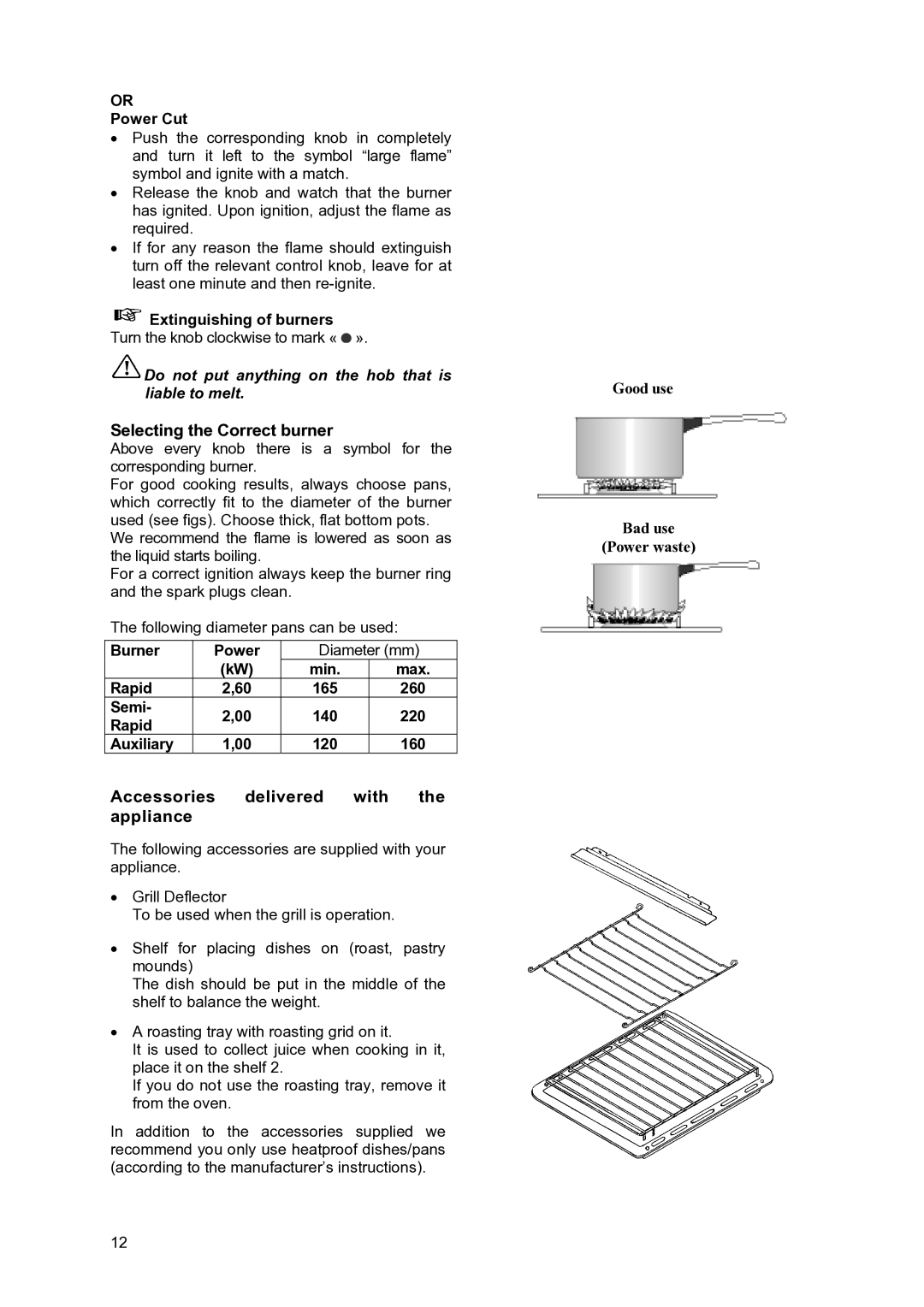 Moffat GSC 5062 manual Selecting the Correct burner, Accessories delivered with the appliance, Extinguishing of burners 