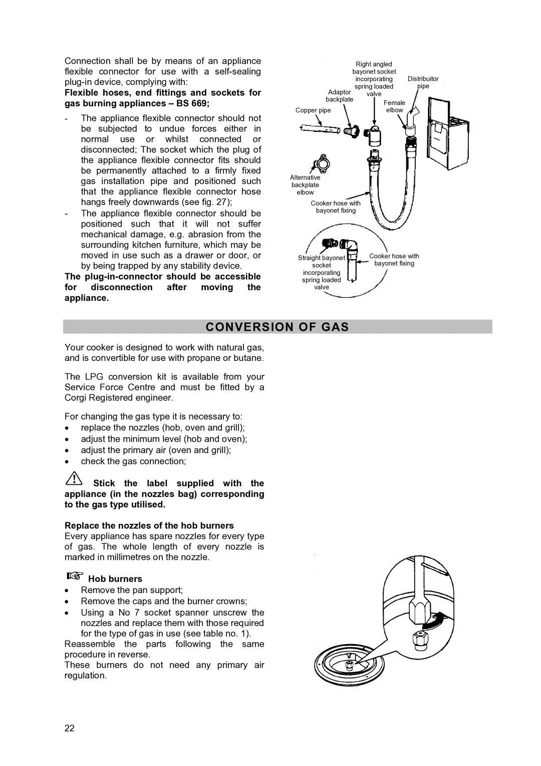 Moffat GSC 5062 manual Conversion of GAS, Hob burners 