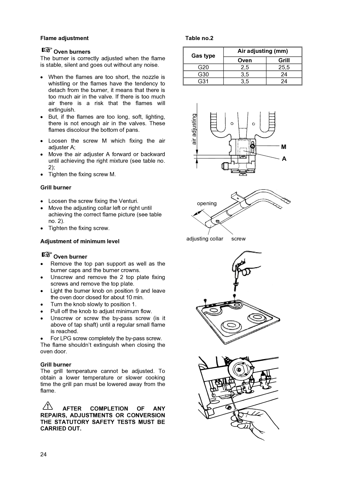 Moffat GSC 5062 manual Flame adjustment Oven burners, Adjustment of minimum level Oven burner 