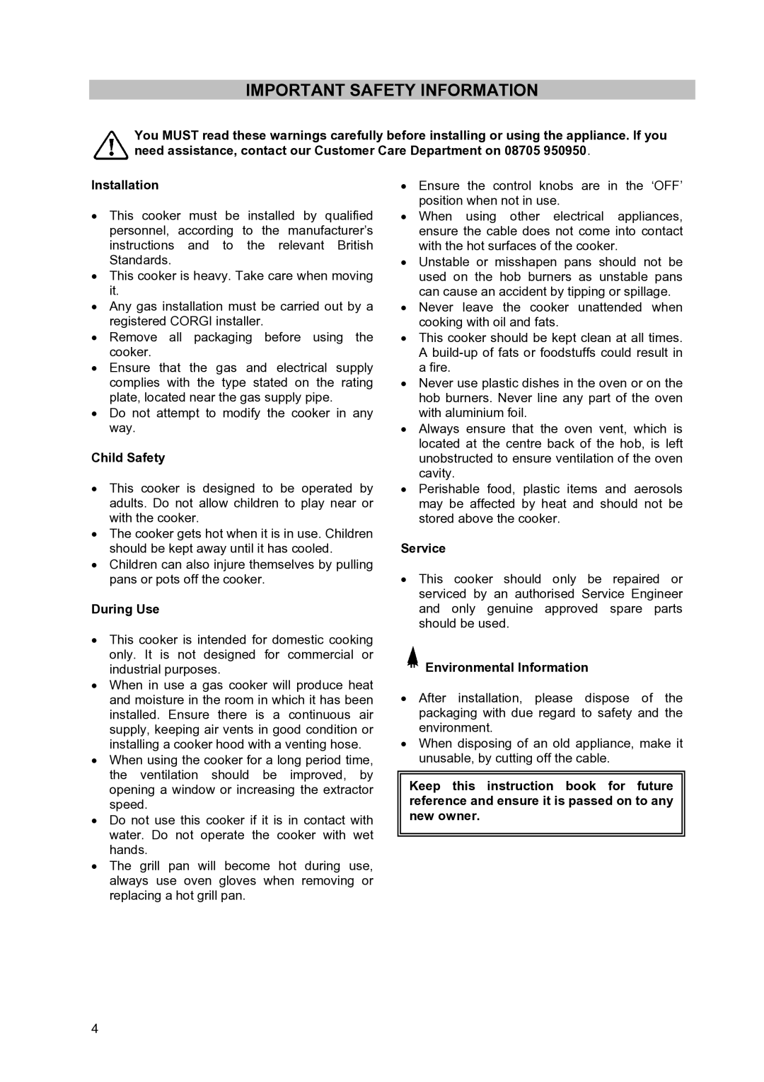 Moffat GSC 5062 manual Important Safety Information, Child Safety, During Use, Service, Environmental Information 