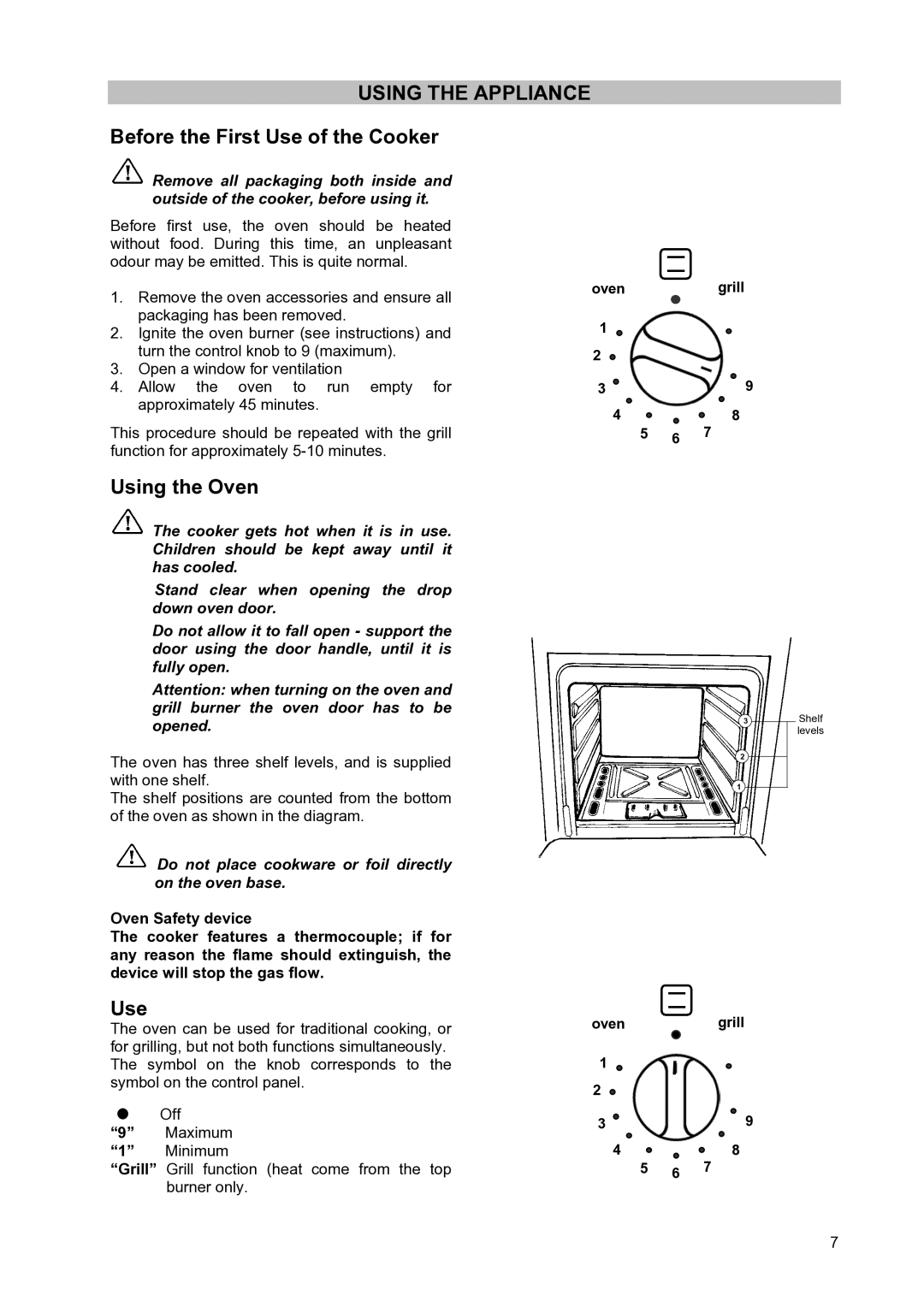 Moffat GSC 5062 manual Using the Appliance, Before the First Use of the Cooker, Using the Oven 