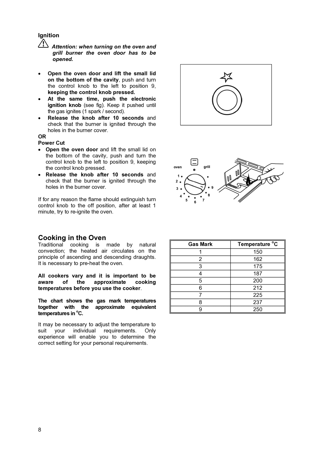 Moffat GSC 5062 manual Cooking in the Oven, Ignition, Gas Mark 