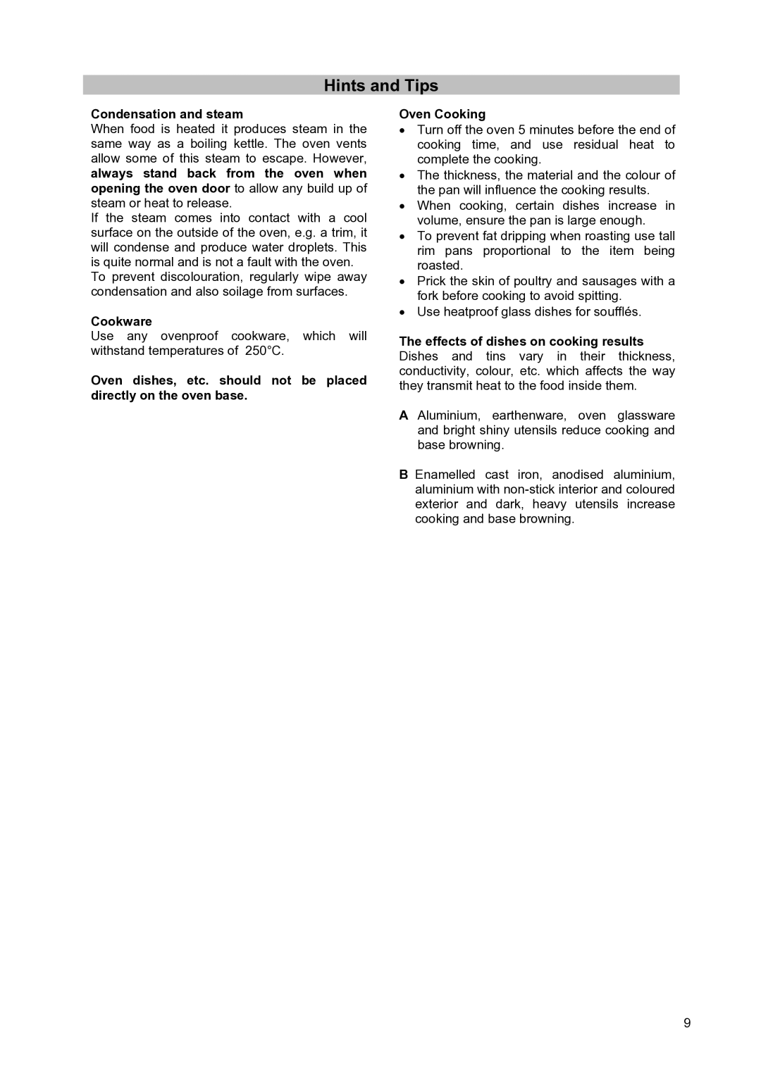 Moffat GSC 5062 manual Hints and Tips, Condensation and steam, Cookware 