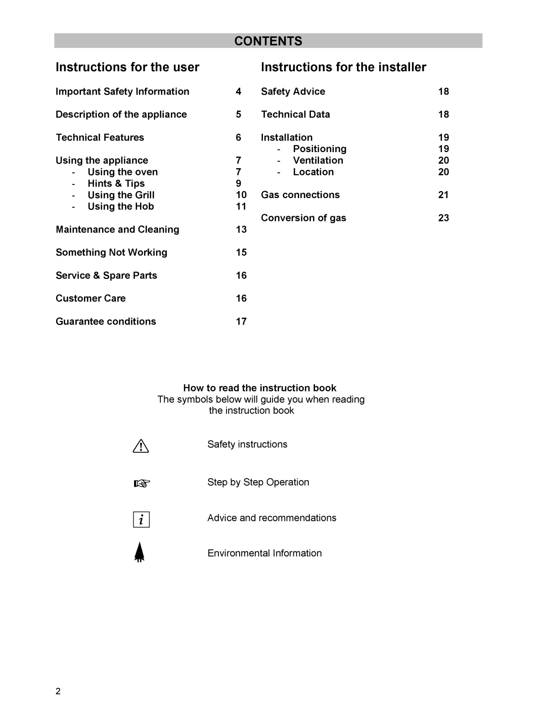 Moffat GSV 5050 W manual Contents 