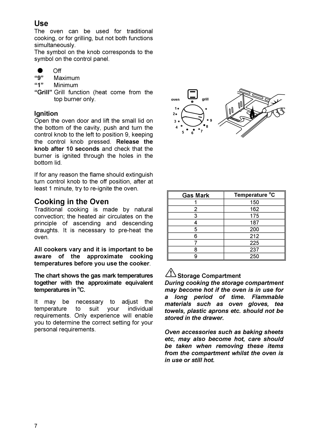 Moffat GSV 5050 W manual Use, Cooking in the Oven, Ignition, Storage Compartment 
