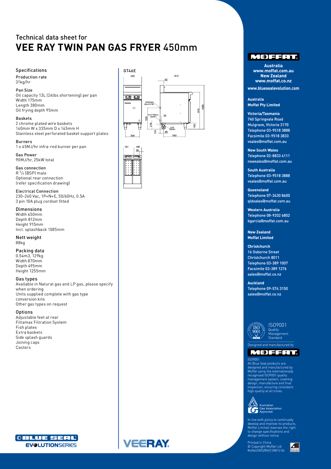 Moffat GT46E warranty Specifications, Dimensions, Nett weight, Packing data, Gas types, Options 