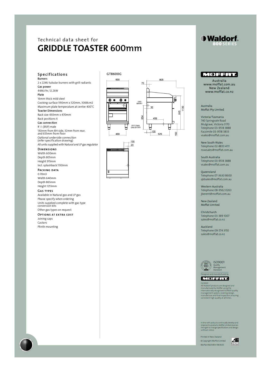 Moffat GT8600G manual Sp e cif ications 