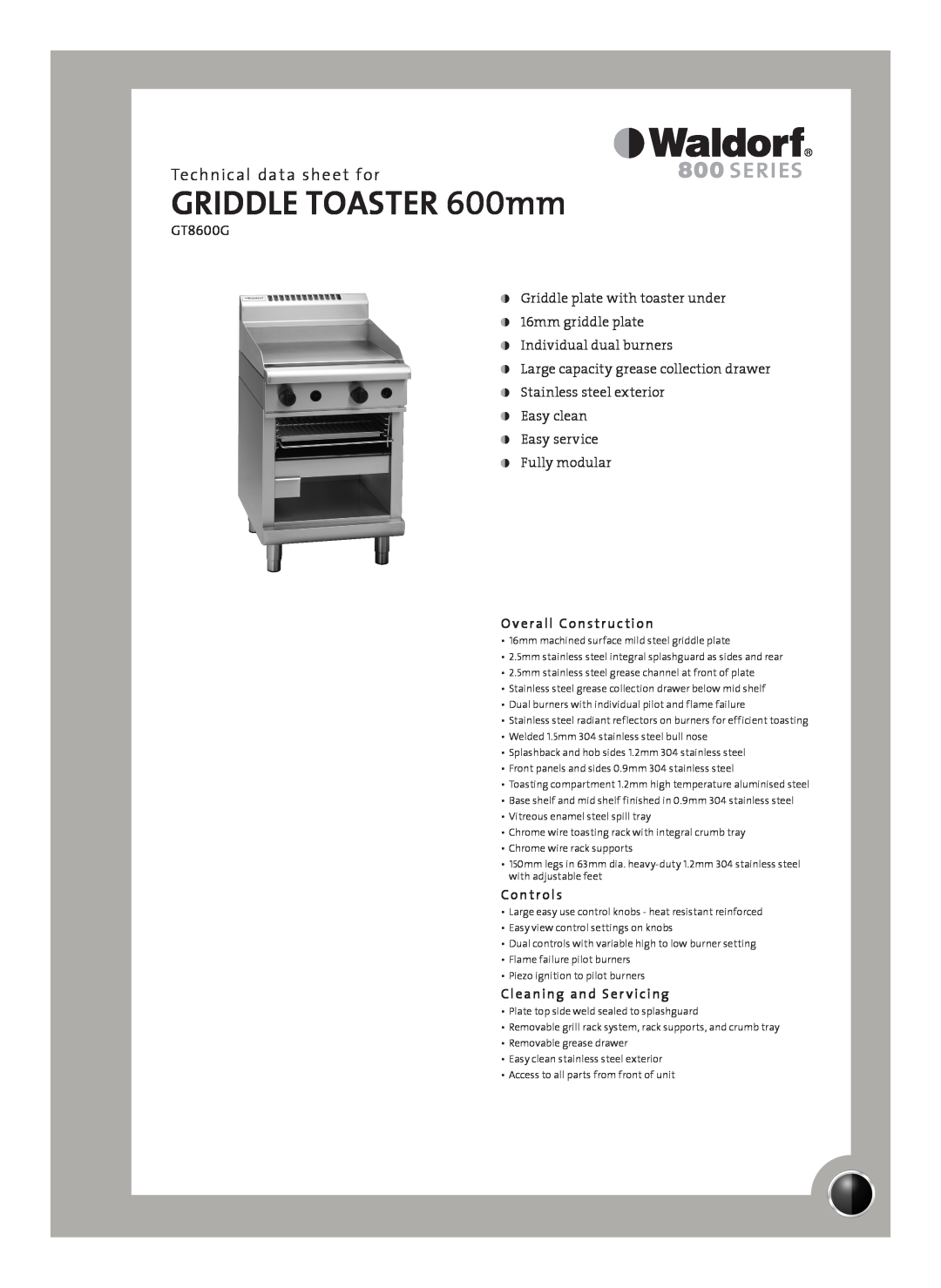 Moffat GT8600G manual Technical data sheet for, Overall Construction, Controls, Cleaning and Ser vicing 