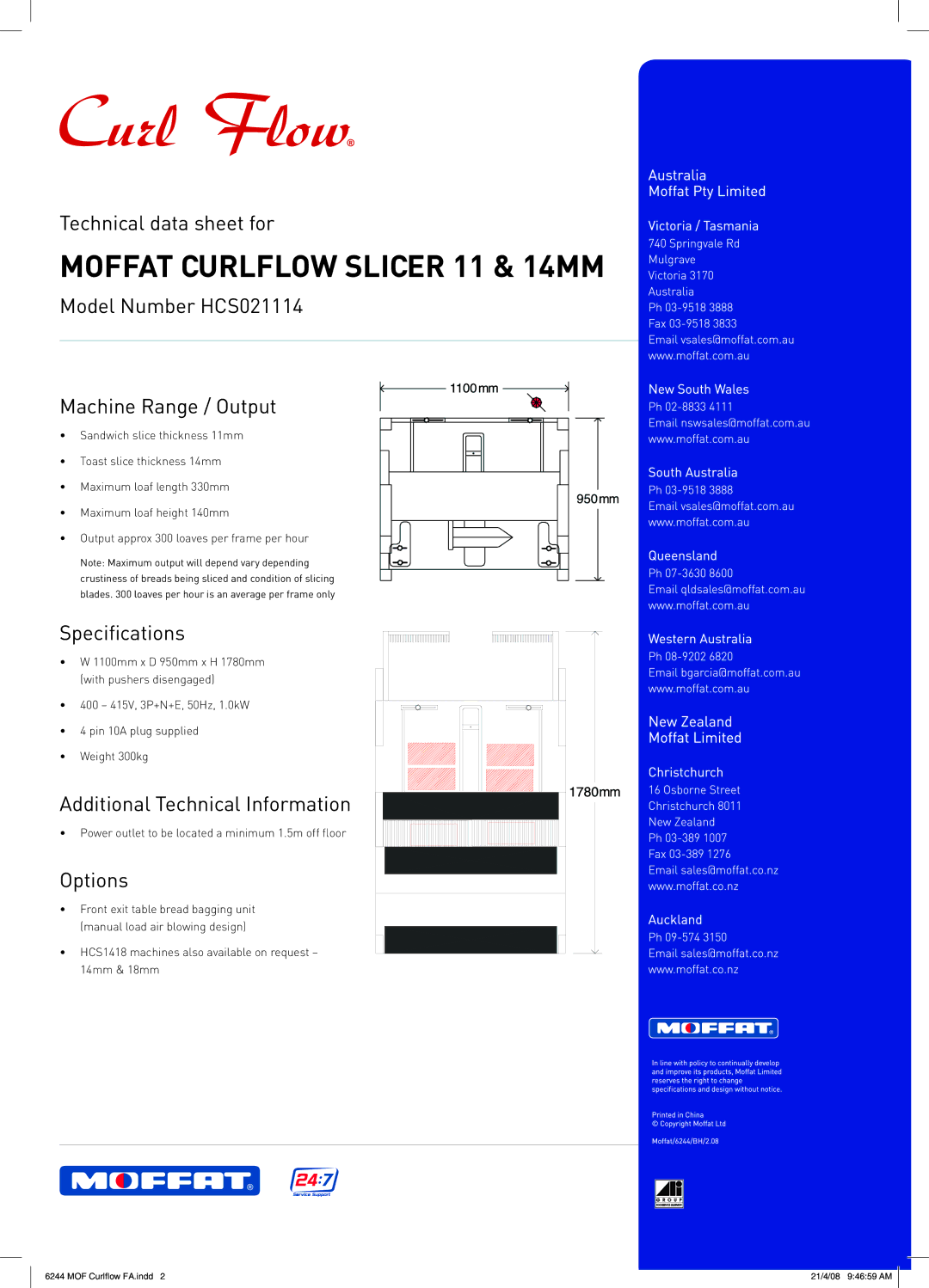 Moffat manual Moffat Curlflow Slicer 11 & 14MM, Model Number HCS021114 Machine Range / Output, Specifications, Options 