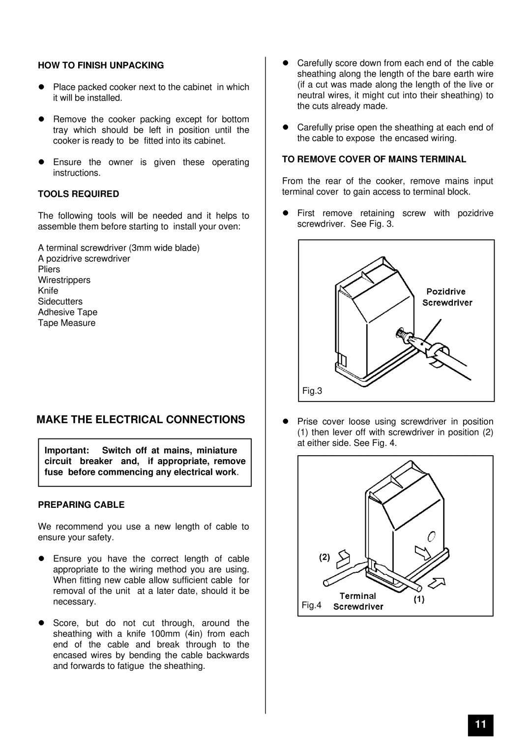 Moffat MD 900 B/W Make the Electrical Connections, HOW to Finish Unpacking, Tools Required, Preparing Cable 