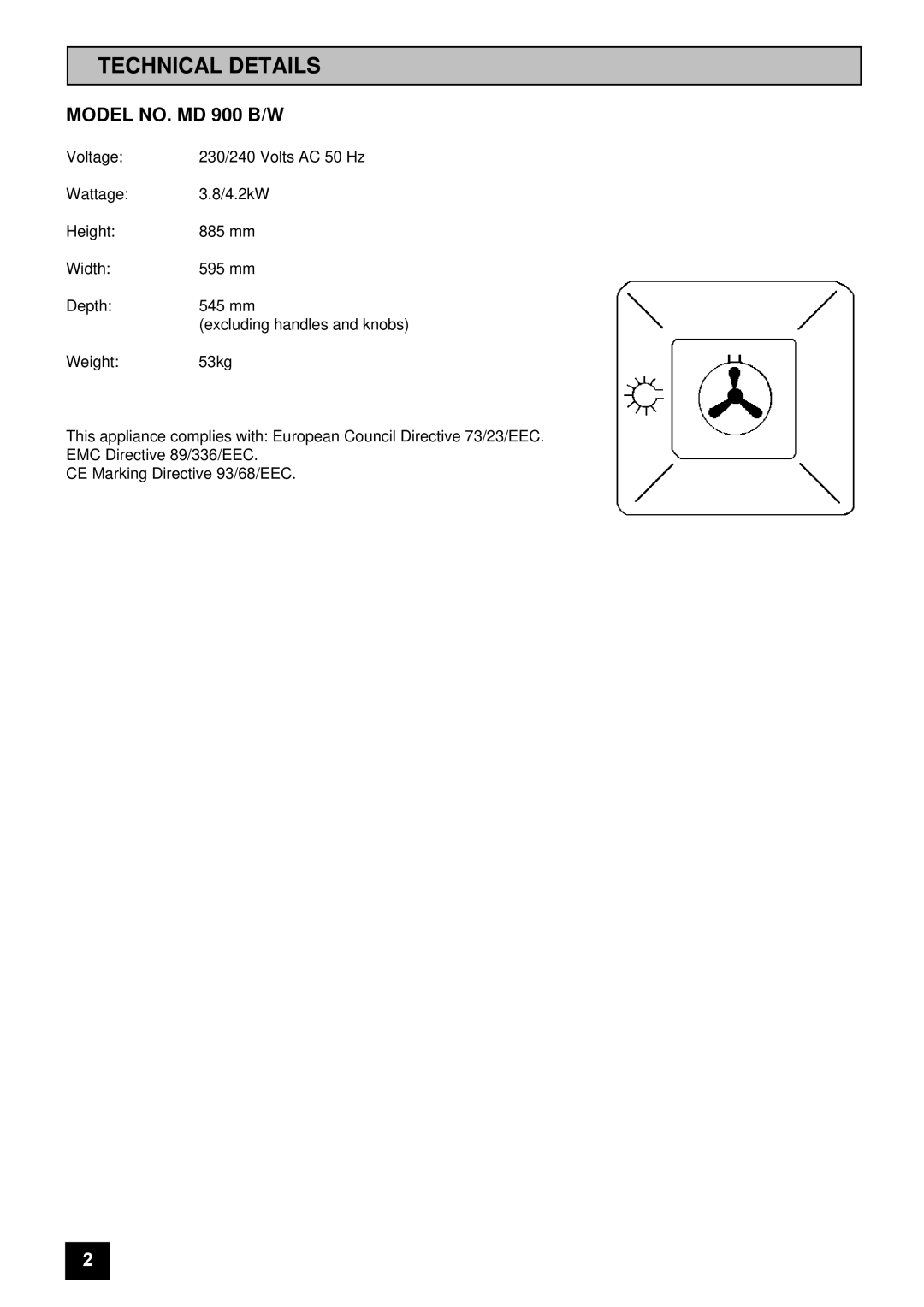 Moffat installation instructions Technical Details, Model NO. MD 900 B/W 