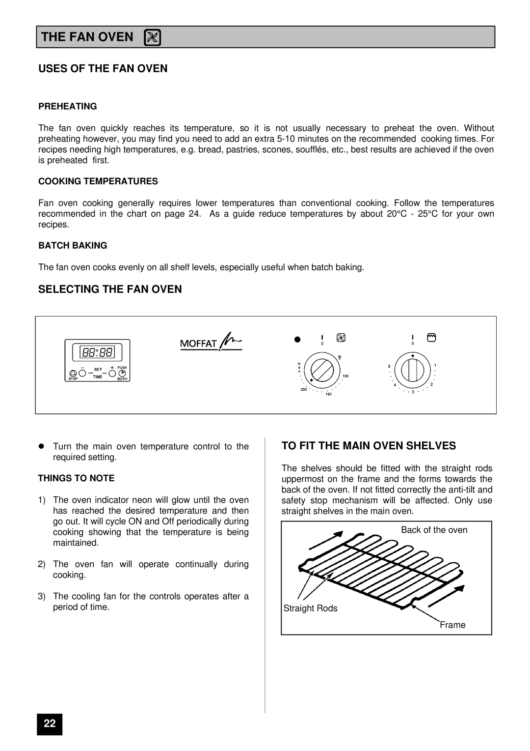 Moffat MD 900 B/W installation instructions Uses of the FAN Oven, Selecting the FAN Oven, To FIT the Main Oven Shelves 
