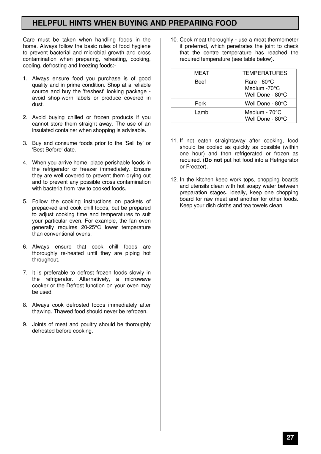 Moffat MD 900 B/W installation instructions Helpful Hints When Buying and Preparing Food, Meat Temperatures 