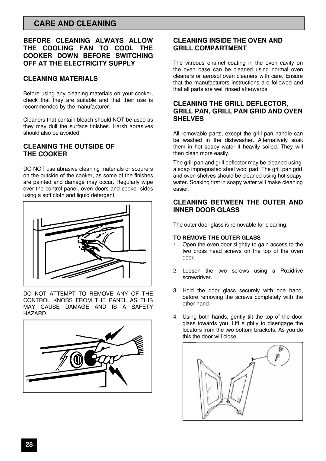 Moffat MD 900 B/W Care and Cleaning, Cleaning the Outside Cooker, Cleaning Inside the Oven and Grill Compartment 