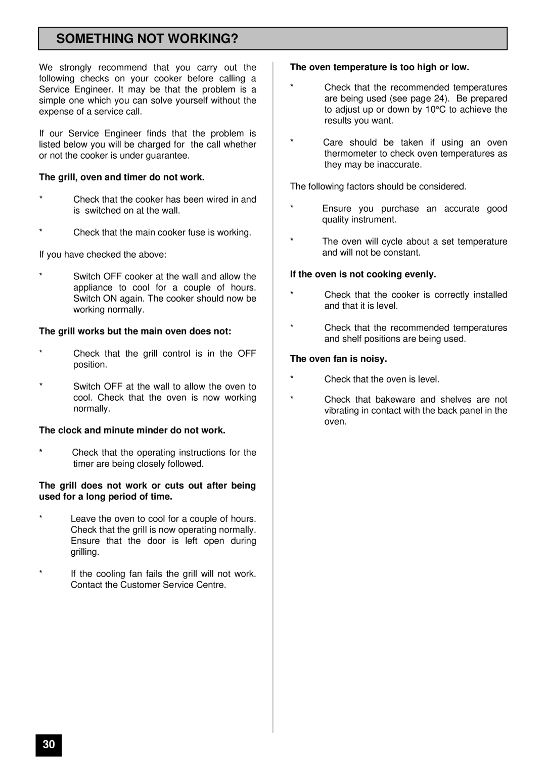 Moffat MD 900 B/W installation instructions Something not WORKING?, Grill, oven and timer do not work 