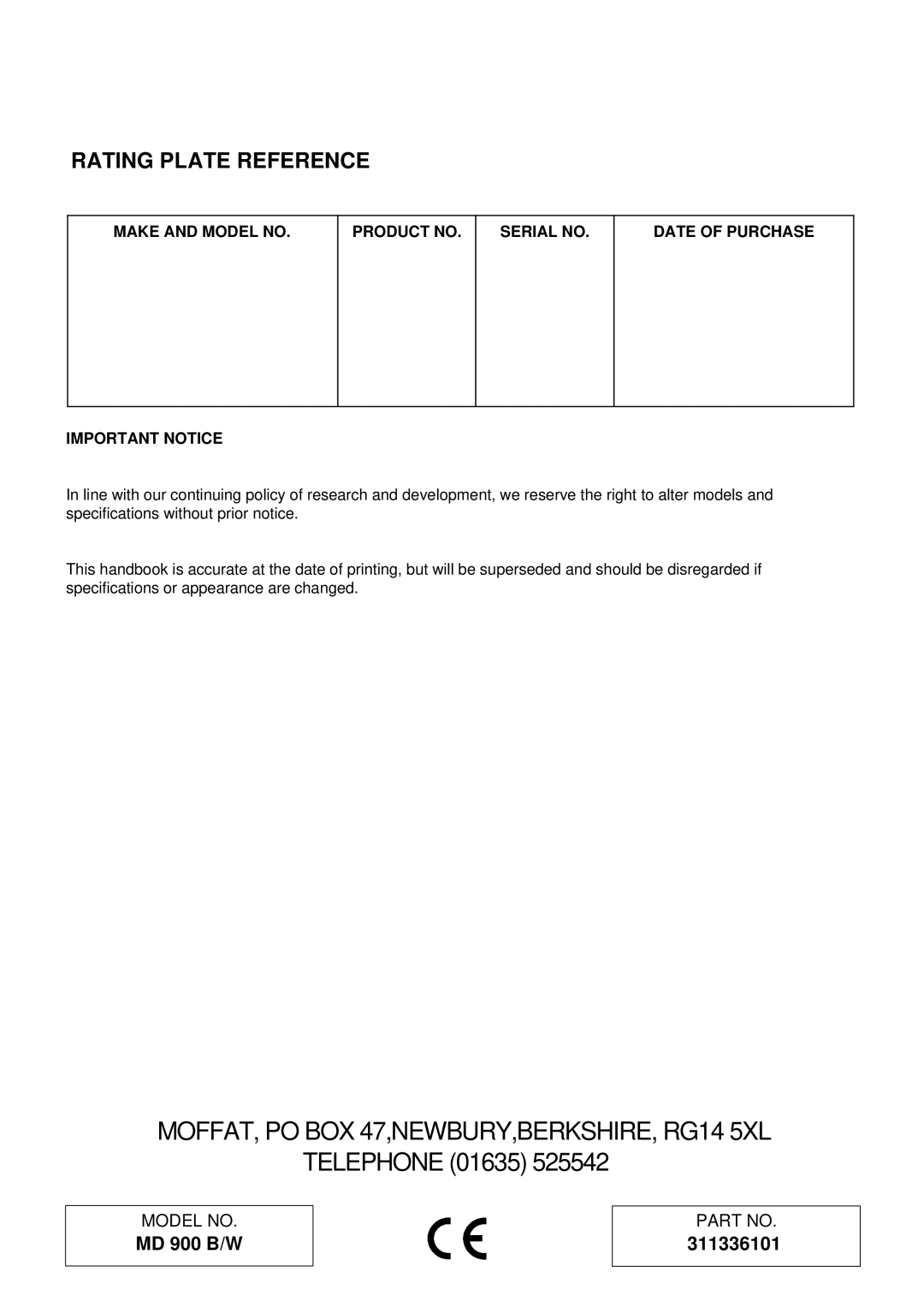 Moffat MD 900 B/W installation instructions Rating Plate Reference 