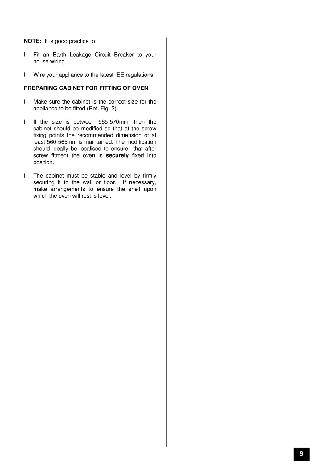 Moffat MD 900 B/W installation instructions Preparing Cabinet for Fitting of Oven 