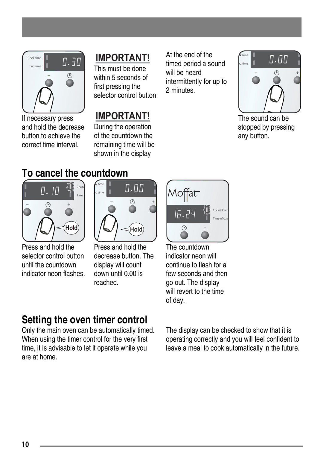 Moffat MDB900 user manual To cancel the countdown, Setting the oven timer control 