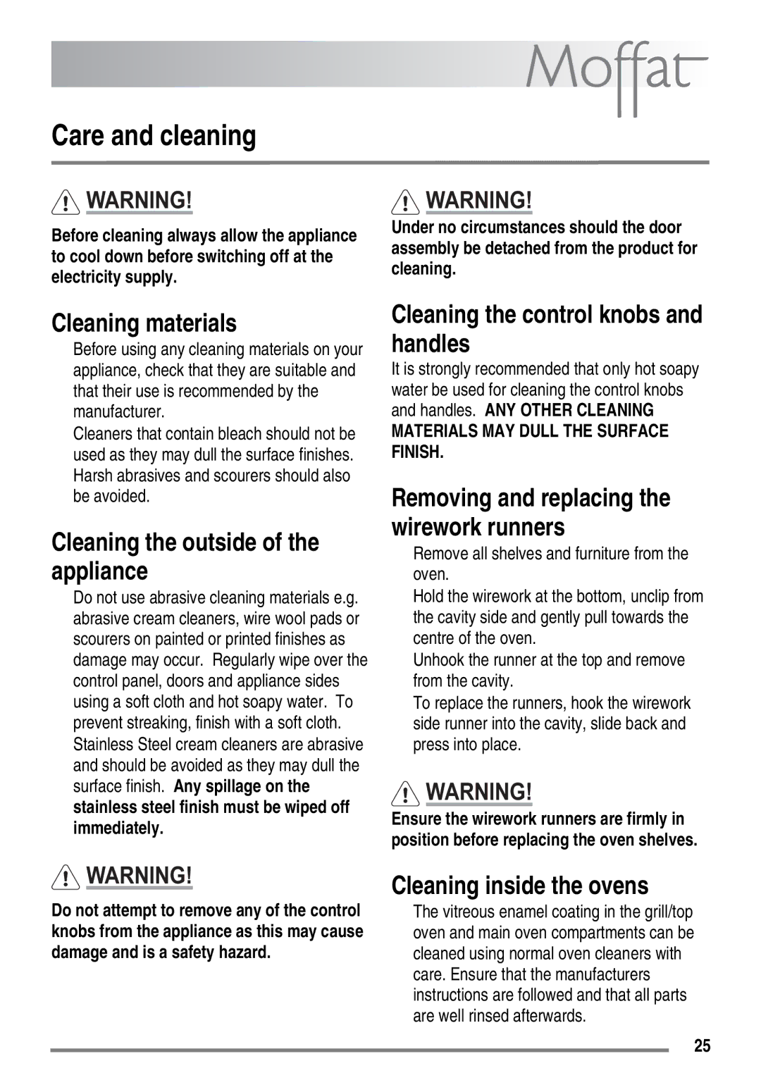 Moffat MDB900 Care and cleaning, Cleaning materials, Cleaning the outside of the appliance, Cleaning inside the ovens 