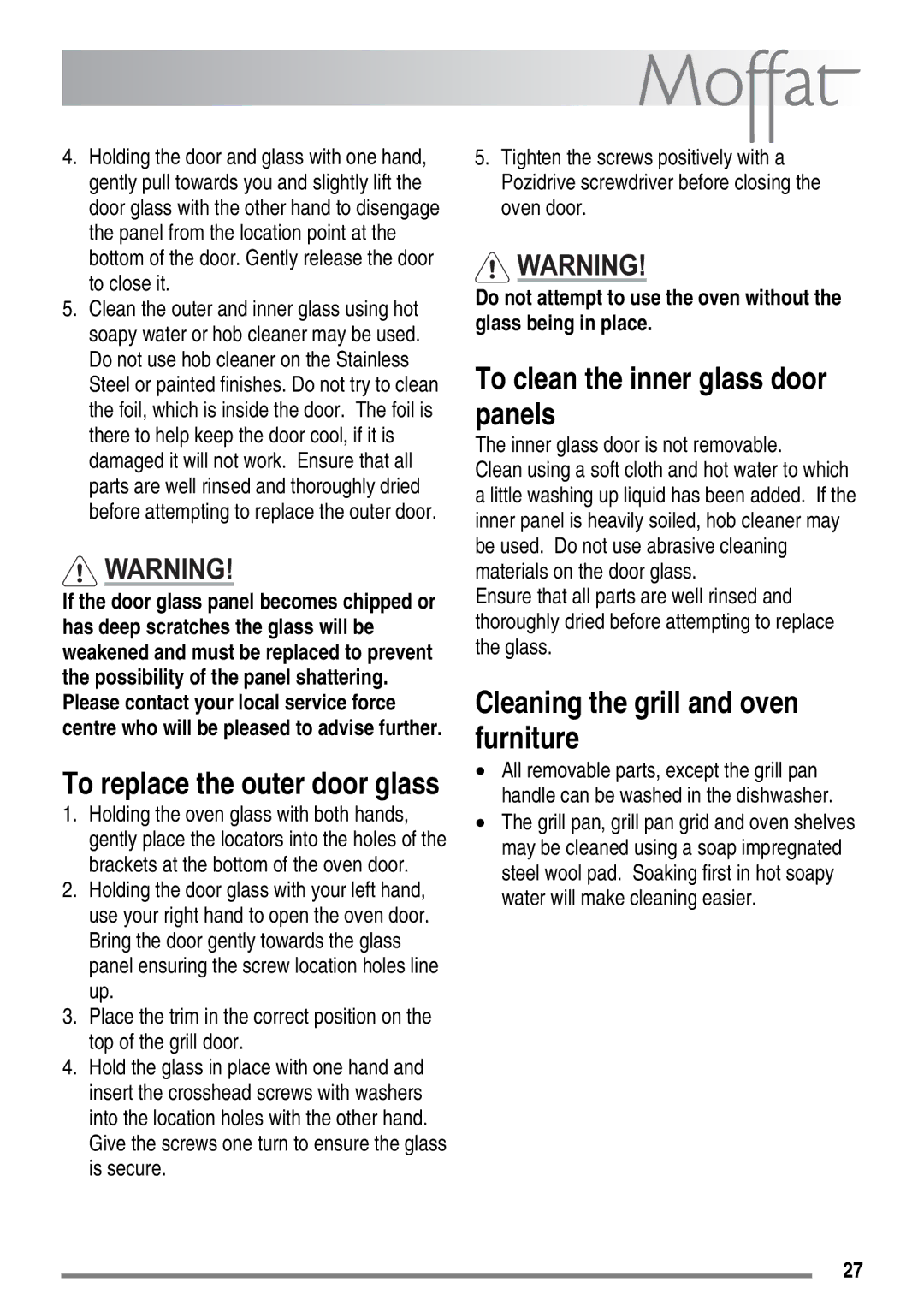 Moffat MDB900 To clean the inner glass door panels, Cleaning the grill and oven furniture, To replace the outer door glass 